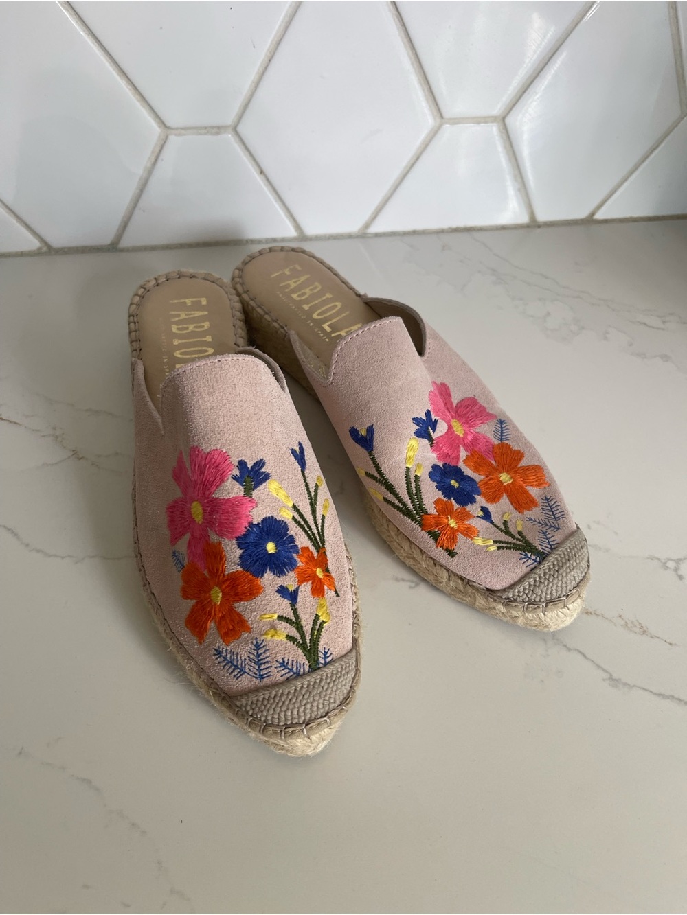 Fabiola Pink Floral Embroidered Espadrille Slip-On Mules